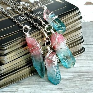 Pink & Blue Quartz Crystal Dowsing Pendulum With Glass Star Handle